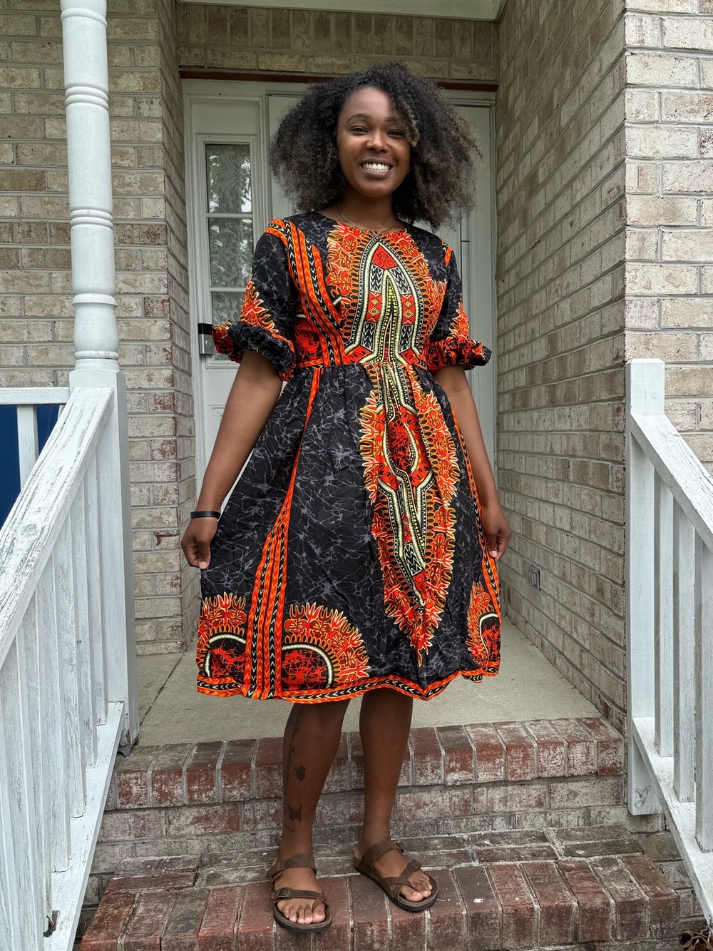 Bold Black & Orange African-Ethnic -Print Midi Dress with Puff Sleeves